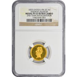 Medallion. 1833-Dated Andrew Jackson Medallion. Julian PR-33. Gold. 17 mm. Proof-63 Ultra Cameo NGC.