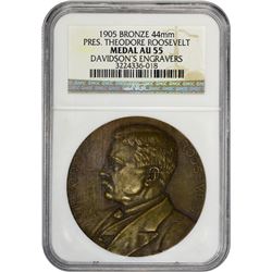 1905 Theodore Roosevelt Inaugurated Medal. Bronze. 44mm. AU-55 NGC.