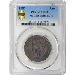 1787 Massachusetts Cent. Horned Eagle. Ryder-2A. Rarity-2. 159.2 grains. AU-55 PCGS.