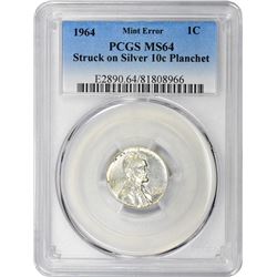 1964 Cent on Silver Dime Planchet. Mint Error. MS-64 PCGS