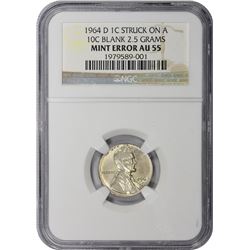 1964-D Cent on Silver Dime Planchet. Mint Error. AU-55 NGC