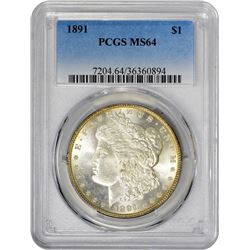 1891 VAM-6A. Slanted Date, Denticle Impressions Below Tailfeathers. Rarity-4. MS-64 PCGS.