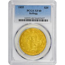 1855 Kellogg & Co. Gold $20. Kagin-3. Rarity-4. Reeded Edge, Long Arrows. EF-40 PCGS.