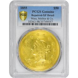 1855 Wass, Molitor & Co. $50. Kagin-9. Large Head. Reeded Edge. Rarity-5. Genuine - Repaired - EF De