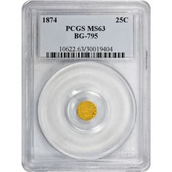 1874 Octagonal 25¢. BG-795. Large Indian Head. Rarity-3. MS-63 PCGS.