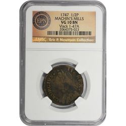 New York. Machin’s Mills. "1747" Halfpenny. Vlack 1-47A. Rarity-5. VG-10 NGC.