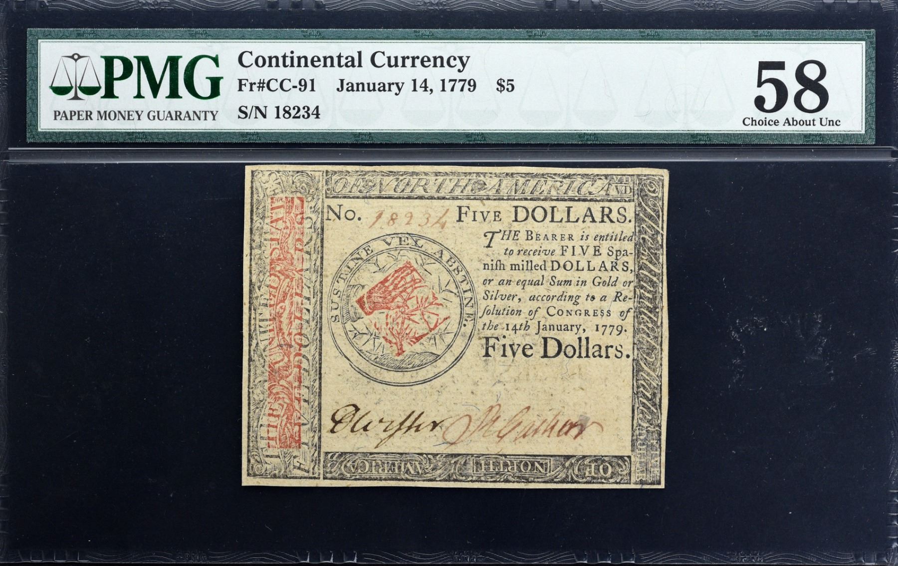 CC91. January 14, 1779. 5. Continental Currency. PMG Choice About Uncirculated 55.