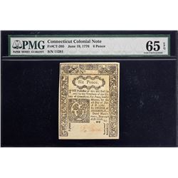 CT-205. Connecticut. June 19, 1776. 6 Pence. PMG Gem Uncirculated 65 EPQ.