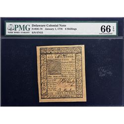 DE-78. Delaware. January 1, 1776. 6 Shillings. PMG Gem Uncirculated 66 EPQ.