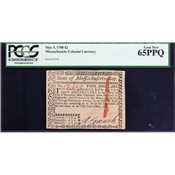 MA-279. Massachusetts. May 5, 1780. $2. PCGS Currency Gem New 65 PPQ.