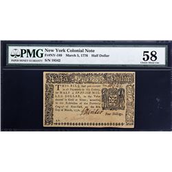 NY-189. New York. March 5, 1776. 1/2 Dollar. PMG Choice About Uncirculated 58.