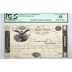 Fr. TN-9p $20 Plate A. Act of December 26, 1814. PCGS CHOICE ABOUT NEW-58