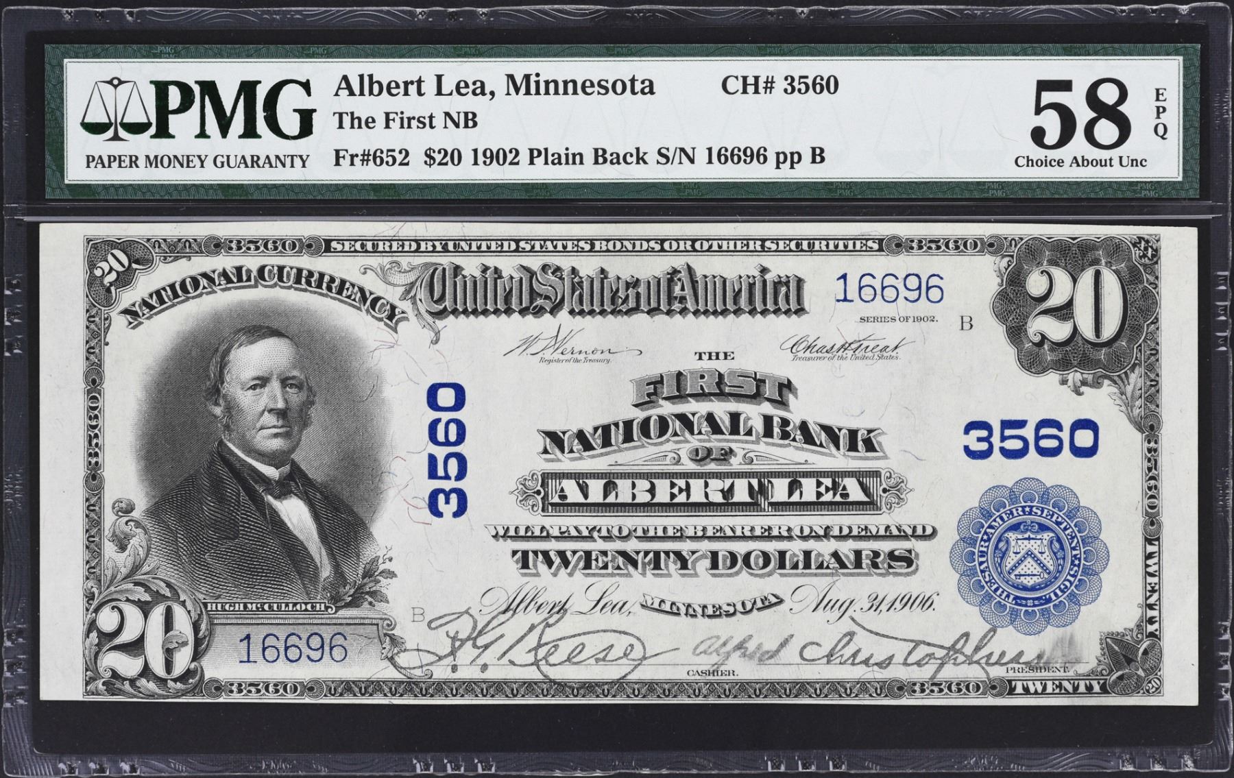 Albert Lea, Minnesota. 1902 20 Plain Back. Fr. 652. FNB. Charter 3560