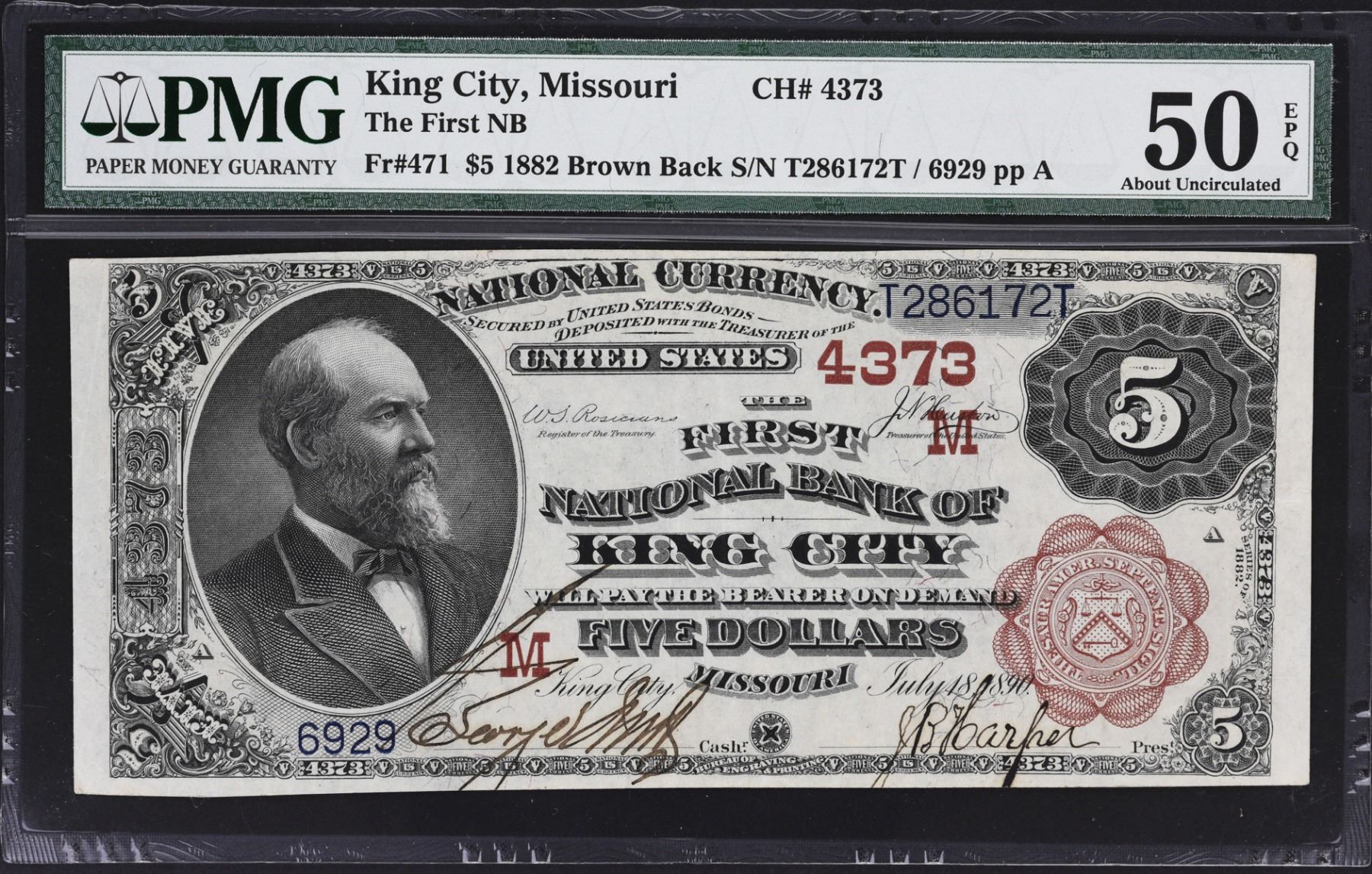 King City, Missouri. 1882 5 Brown Back. Fr. 471. FNB. Charter 4373