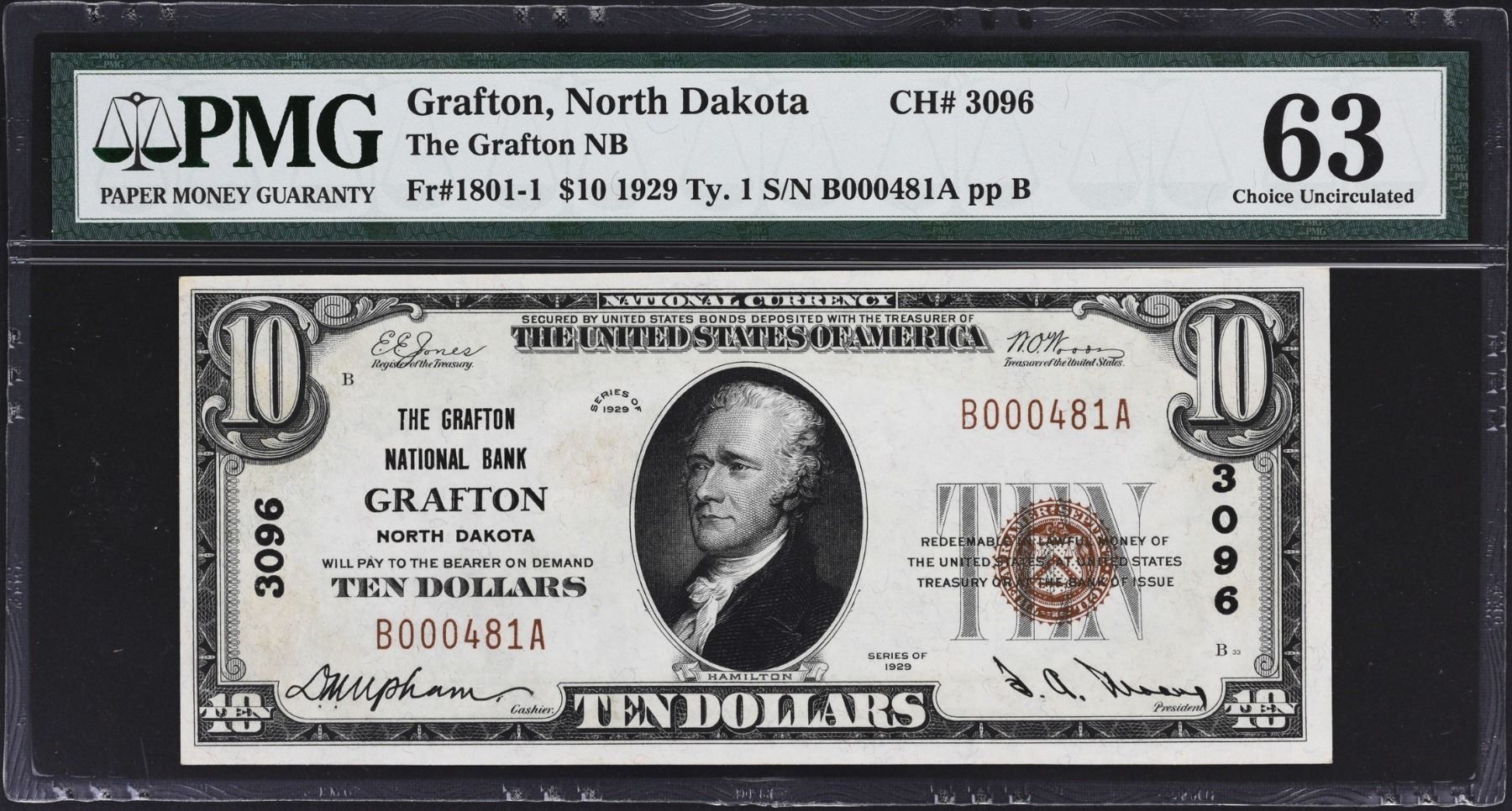 Grafton, North Dakota. 1929 10 Ty. 1. Fr. 18011. Grafton NB. Charter