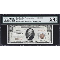 Landisville, Pennsylvania. 1929 $10 Ty. 1. Fr. 1801-1. FNB. Charter 9312. PMG Choice About Uncircula