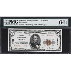 Laporte, Pennsylvania. 1929 $5 Ty. 2. Fr. 1800-2. FNB. Charter 9528. PMG Choice Uncirculated 64 EPQ.