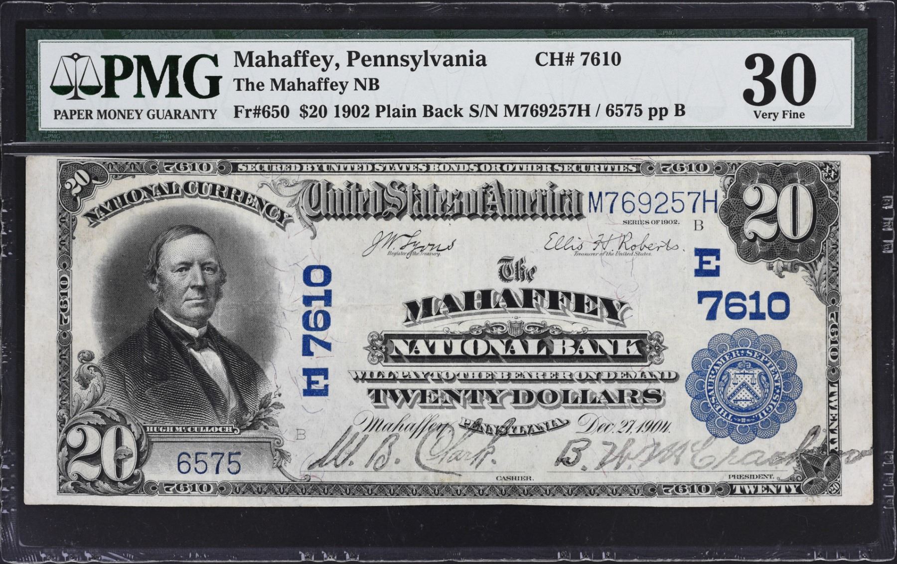 Mahaffey, Pennsylvania. 1902 20 Plain Back. Fr. 650. Mahaffey NB. Charter 7610. PMG Very Fine