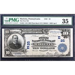 Marietta, Pennsylvania. 1902 $10 Plain Back. Fr. 624. FNB. Charter 25. PMG Choice Very Fine 35.