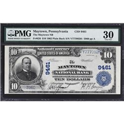 Maytown, Pennsylvania. 1902 $10 Plain Back. Fr. 626. Maytown NB. Charter 9461. PMG Very Fine 30.
