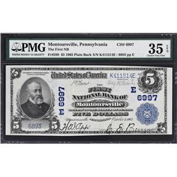 Montoursville, Pennsylvania. 1902 $5 Plain Back. Fr. 598. FNB. Charter 6997. PMG Choice Very Fine 35