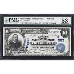 Philadelphia, Pennsylvania. 1902 $10 Date Back. Fr. 616. Union NB. Charter 563. PMG About Uncirculat