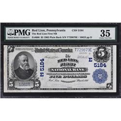 Red Lion, Pennsylvania. 1902 $5 Plain Back. Fr. 606. Red Lion NB. Charter 5184. PMG Choice Very Fine