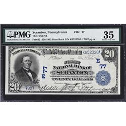 Scranton, Pennsylvania. 1902 $20 Plain Back. Fr. 642. FNB. Charter 77. PMG Choice Very Fine 35.