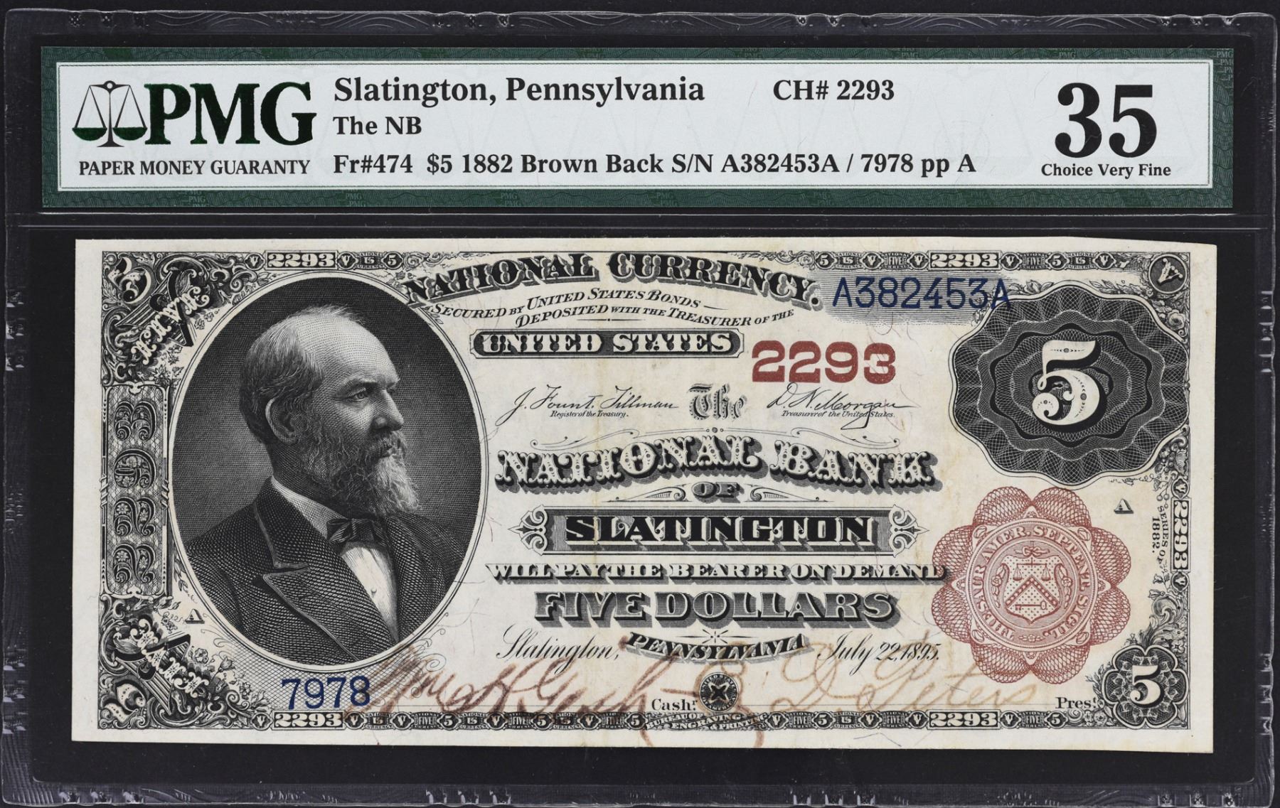 Slatington, Pennsylvania. 1882 5 Brown Back. Fr. 474. NB. Charter 2293