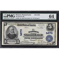 Warren, Pennsylvania. 1902 $5 Plain Back. Fr. 603. Warren NB. Charter 4879. PMG Choice Uncirculated 