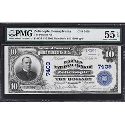 Zelienople, Pennsylvania. 1902 $10 Plain Back. Fr. 624. Peoples NB. Charter 7409. PMG About Uncircul
