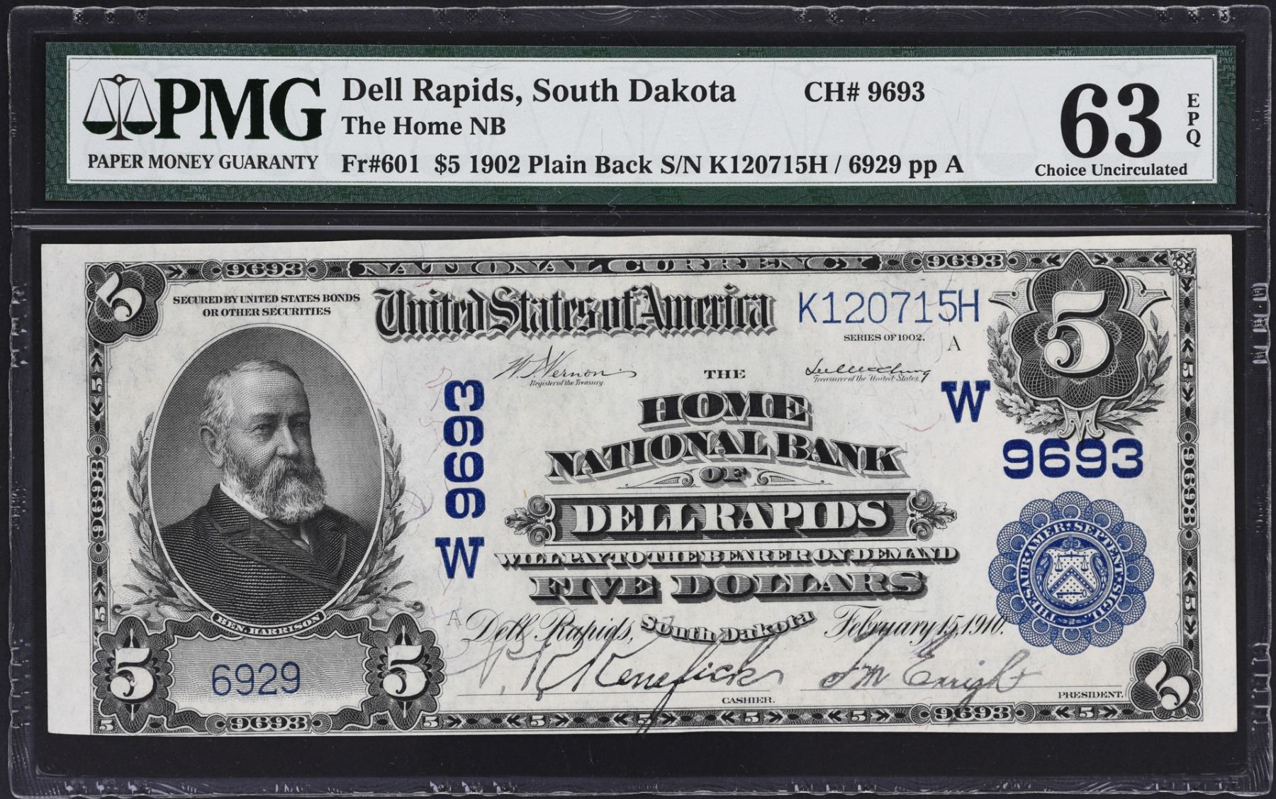 Dell Rapids, South Dakota. 1902 5 Plain Back. Fr. 601. Home NB