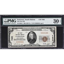 Parkston, South Dakota. 1929 $20 Ty. 1. Fr. 1802-1. FNB. Charter 7662. PMG Very Fine 30 EPQ.