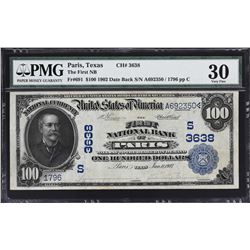Paris, Texas. 1902 $100 Date Back. Fr. 961. FNB. Charter 3638. PMG Very Fine 30.