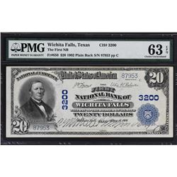 Wichita Falls, Texas. 1902 $20 Plain Back. Fr. 650. FNB. Charter 3200. PMG Choice Uncirculated 63 EP