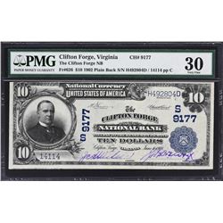 Clifton Forge, Virginia. 1902 $10 Plain Back. Fr. 626. Clifton Forge NB. Charter 9177. PMG Very Fine
