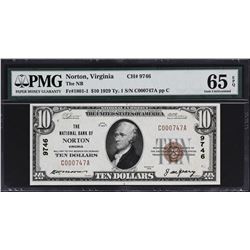 Norton, Virginia. 1929 $10 Ty. 1. Fr. 1801-1. NB. Charter 9746. PMG Gem Uncirculated 65 EPQ.