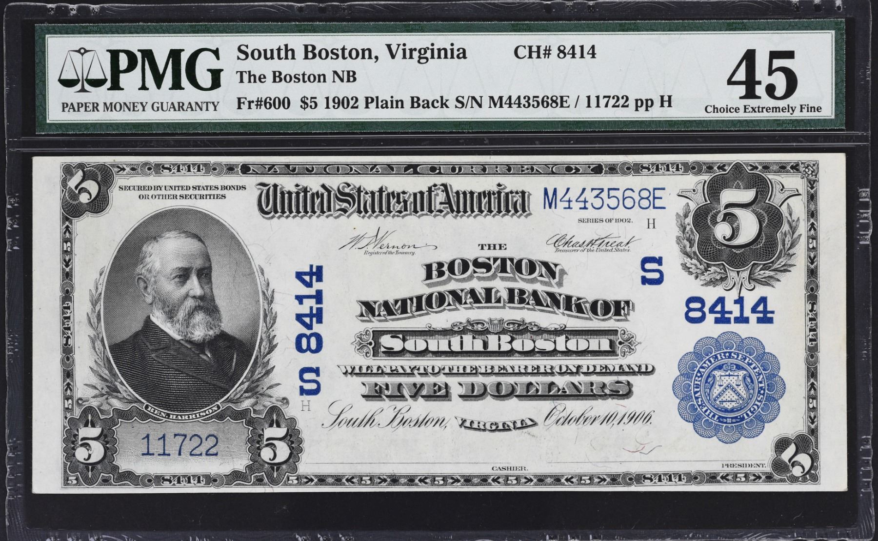 South Boston, Virginia. 1902 5 Plain Back. Fr. 600. Boston NB. Charter