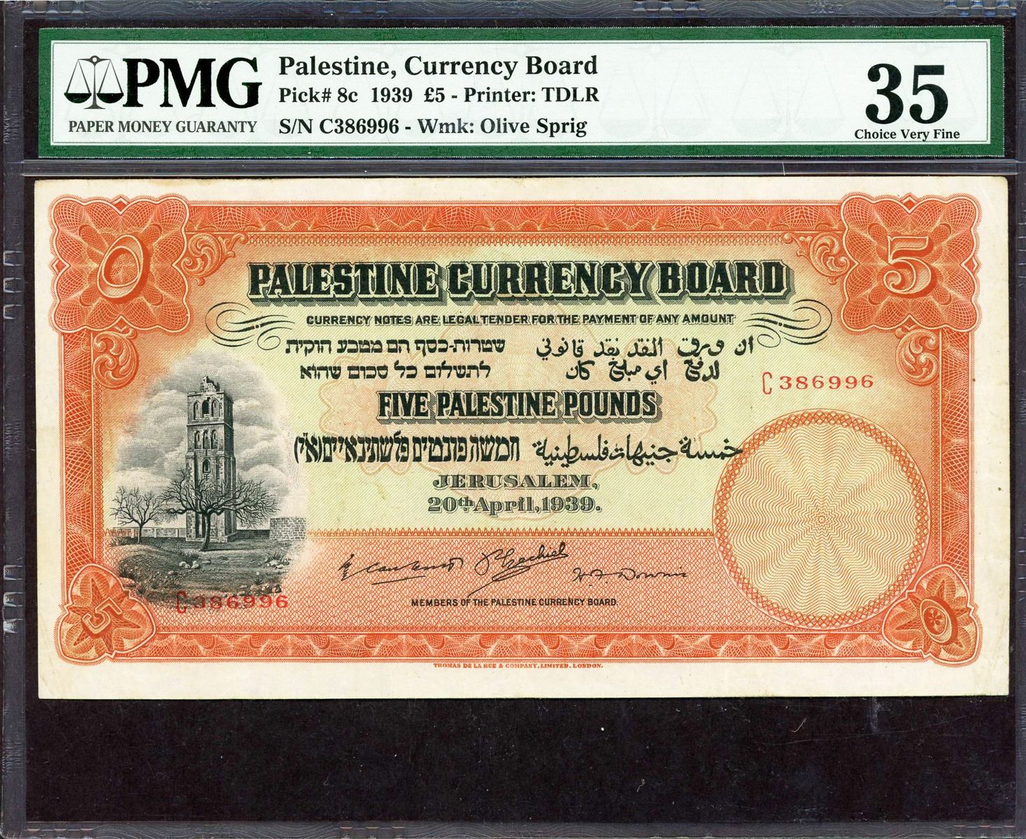 Palestine Currency Board. 20.4.1939, 5 Pounds. P8c. PMG Choice Very