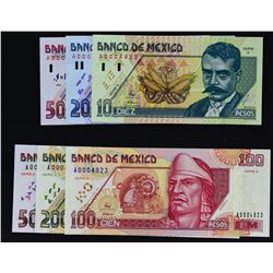 Banco de Mexico. 6.5.1994, 10 to 500 Pesos. P-105 to 110. Gem Uncirculated.