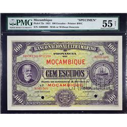 Banco Nacional Ultramarino. 1.1.1921, 100 Escudos. P-72s. PMG About Uncirculated 55 Net. Previously 