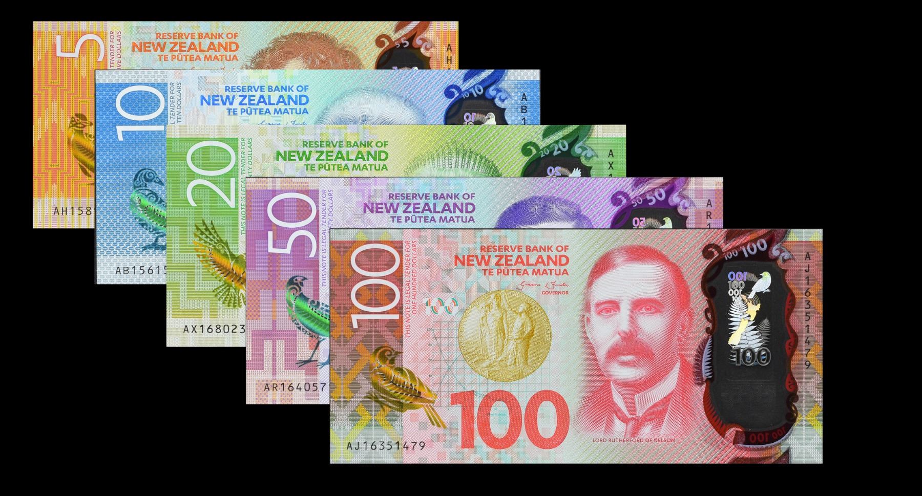 Reserve Bank of New Zealand. 2015-16, 5 to 100 Dollars. P-191a to 195a