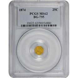 1874 Octagonal 25¢. BG-795. Indian Head. Rarity-3. MS-62 PCGS.