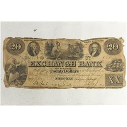 1855 EXCHANGE BANK OF VIRGINIA $20 OBSOLETE BANK