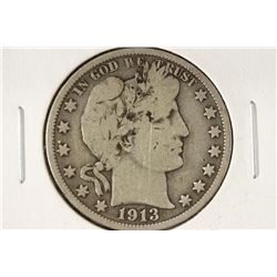 1913 BARBER HALF DOLLAR VERY GOOD KEY DATE