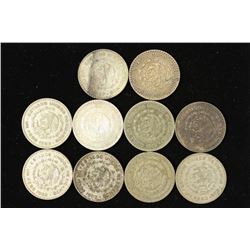 10 ASSORTED 1957-1966 MEXICO .100 SILVER PESOS