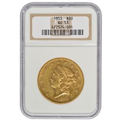 1853 $20 Liberty Head Double Eagle Gold Coin NGC AU53