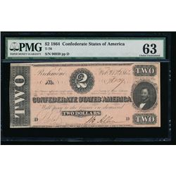 1864 $2 Confederate States of America Note PMG 63