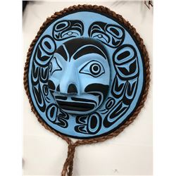 LARGE HAND CARVED NATIVE MOON MASK SIGNED BY ANDY WESLEY( 3 FT DIAMETER)