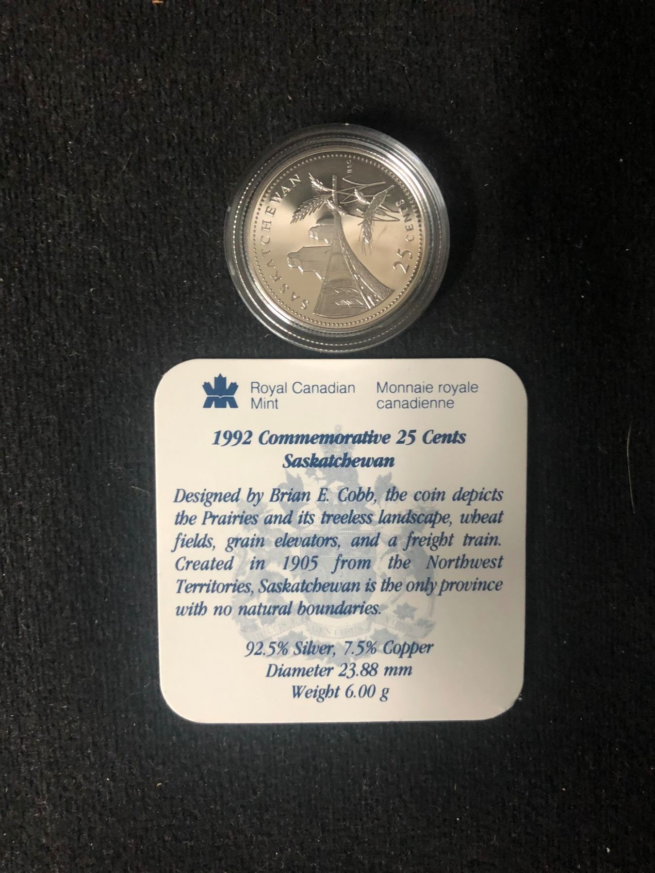 Canada 1992 Saskatchewan Province Commemorative 25 Cent Mint Coin.